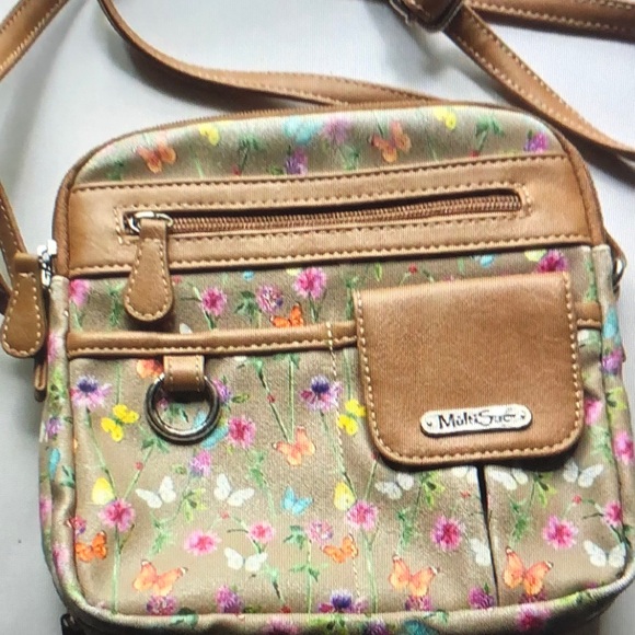 Multisac Handbags - Multisac Butterfly & Floral Tan Crossbody Bag